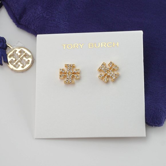 Tory Burch Kira Pavé Original Logo Jewel Crusted Studs Earrings GOLD (NWT) - Picture 1 of 4